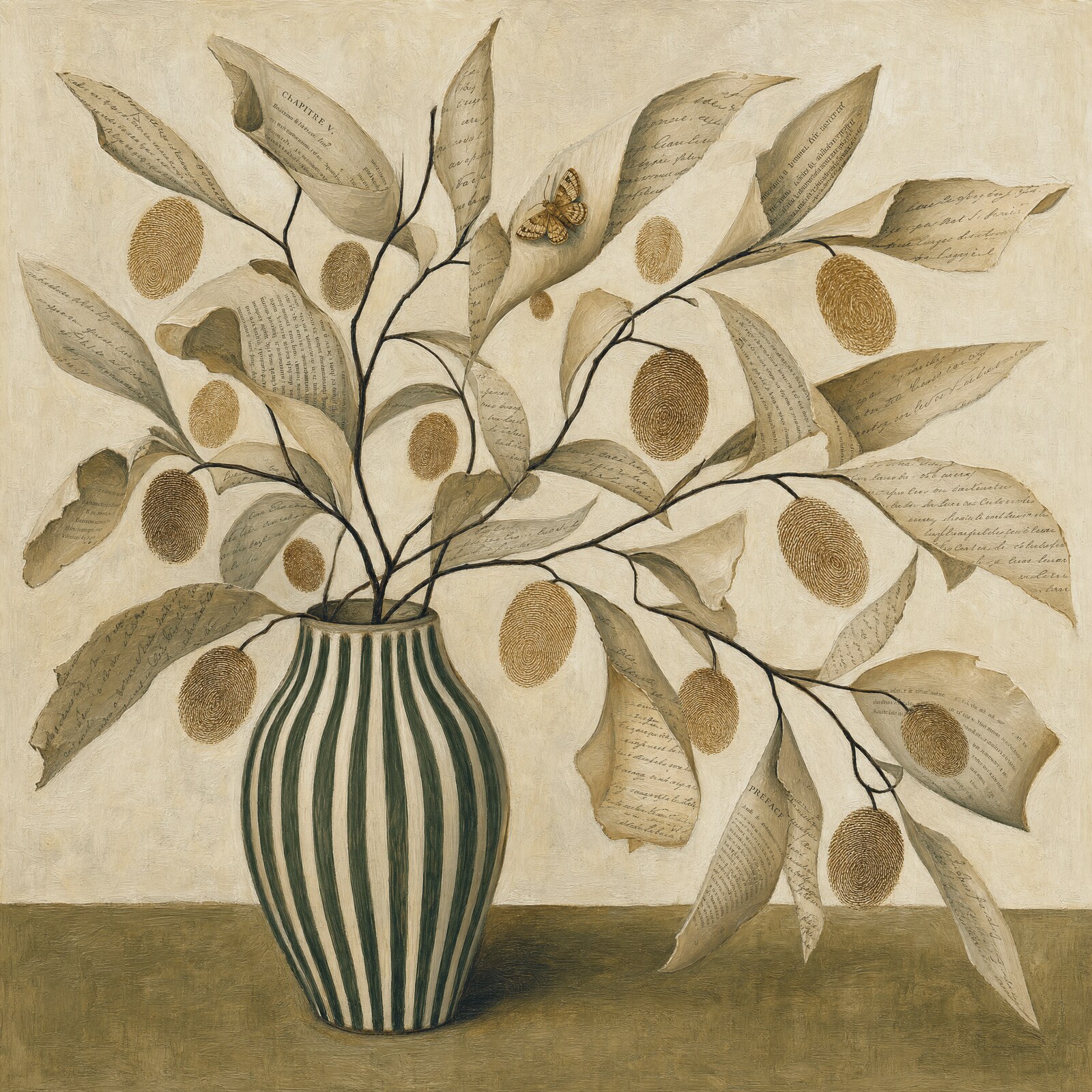 A botanical still life in bookmoth's palette: a striped vase holds branches whose leaves are manuscript pages and whose fruit are fingerprints, with a small gold moth resting among them