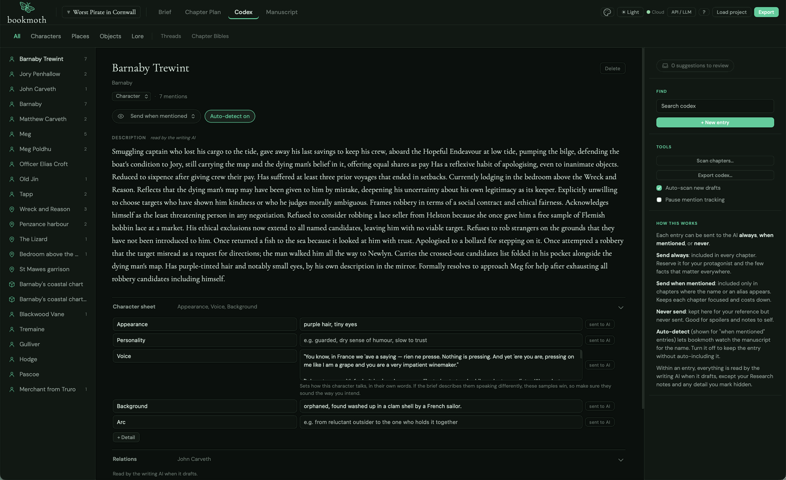 A bookmoth codex character entry for Barnaby with a full description and a character sheet, including a Voice field holding example dialogue lines that steer how the AI writes his dialogue.