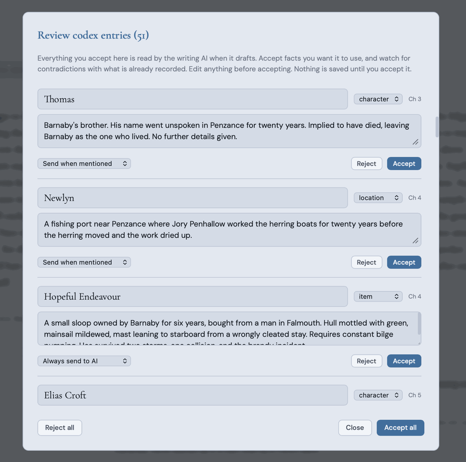 The bookmoth codex review queue proposing new character, location and item entries scanned from drafted chapters, each one editable and accepted or rejected by the writer.