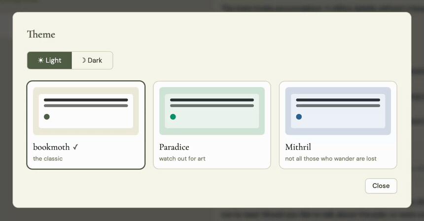 An animation of the bookmoth app switching between its colourways, bookmoth, Paradice and Mithril, in light and dark, reskinning the whole interface live.