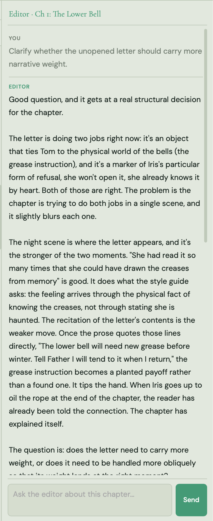 The bookmoth editor chat talking through a structural decision about how much narrative weight an unopened letter should carry in a chapter.