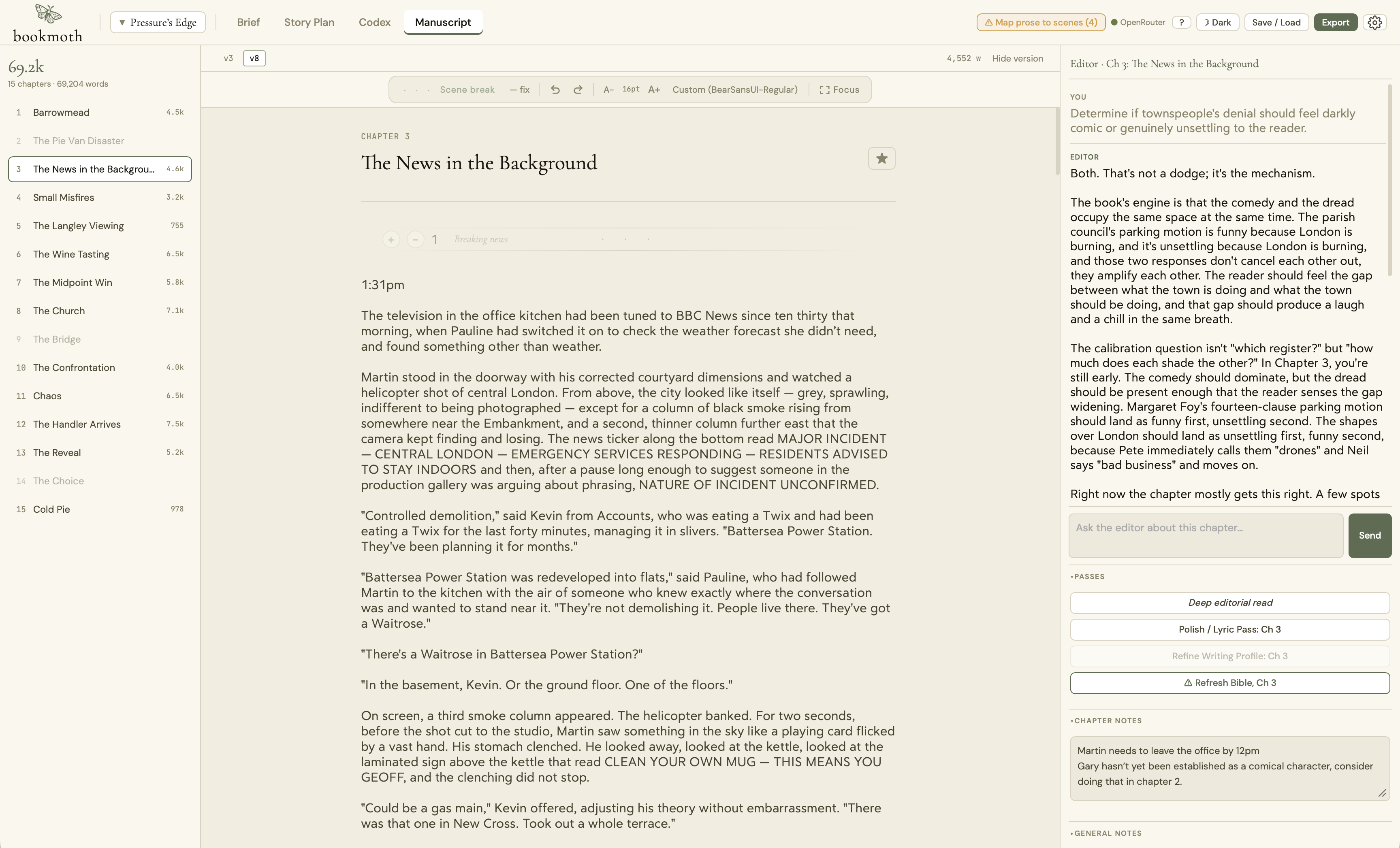 bookmoth, the writing app that works in your voice, showing the Story Plan and manuscript