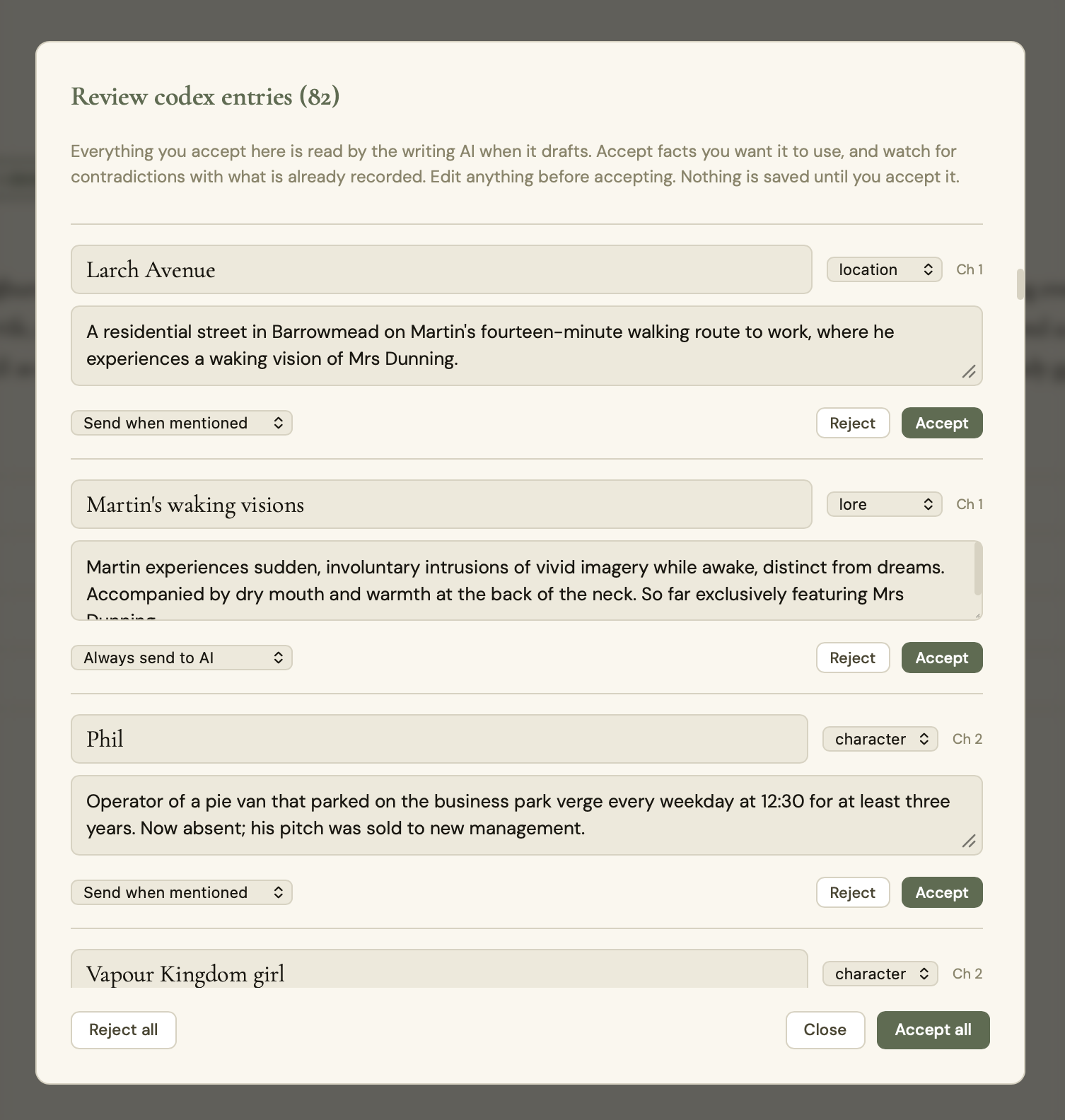 bookmoth codex review queue proposing new entries scanned from drafted chapters