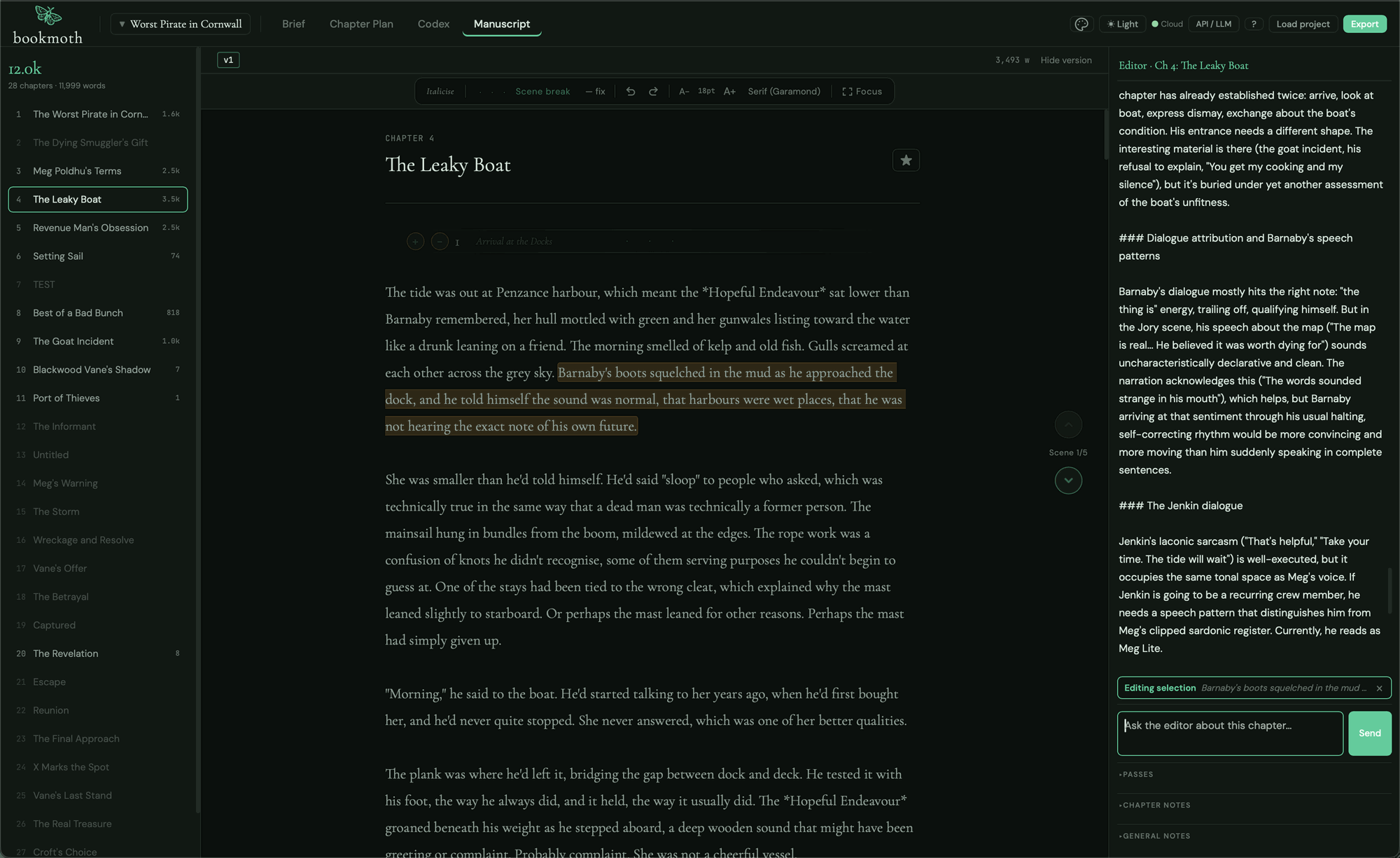The bookmoth manuscript page with a highlighted passage and the editor chat open alongside