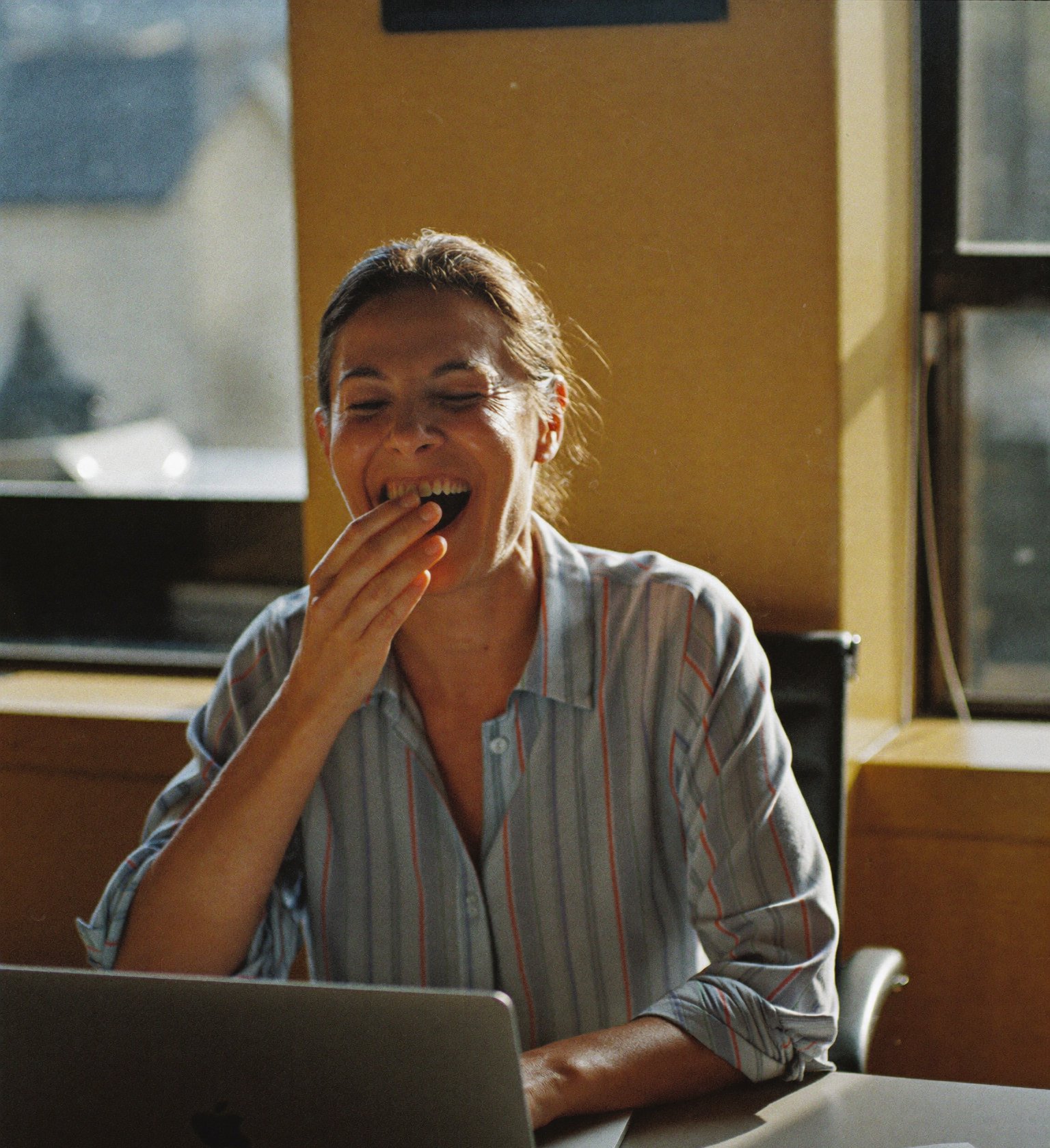 A writer laughing at her laptop in a sunlit home study