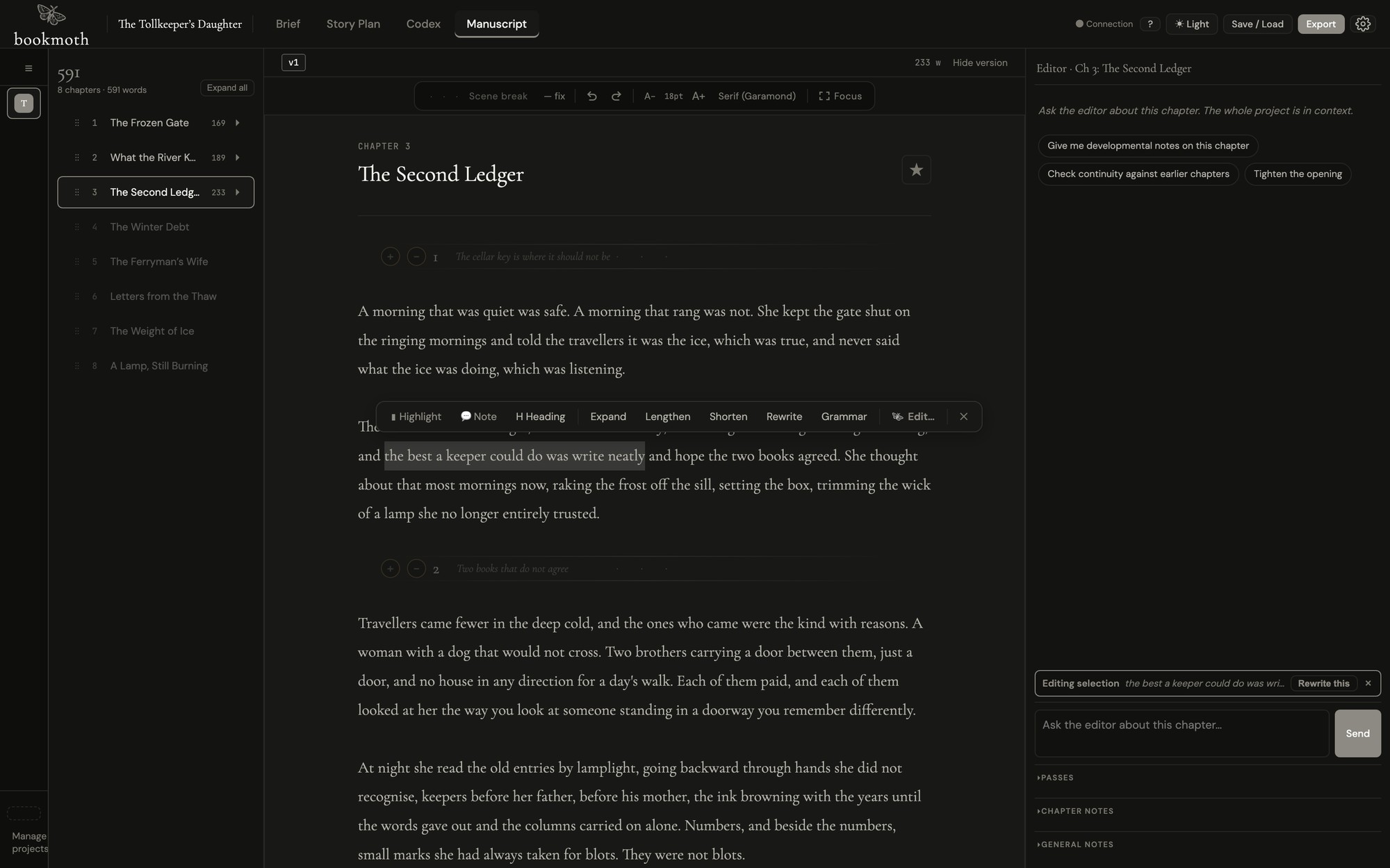 bookmoth in dark mode with a passage selected and the writing tools open above it
