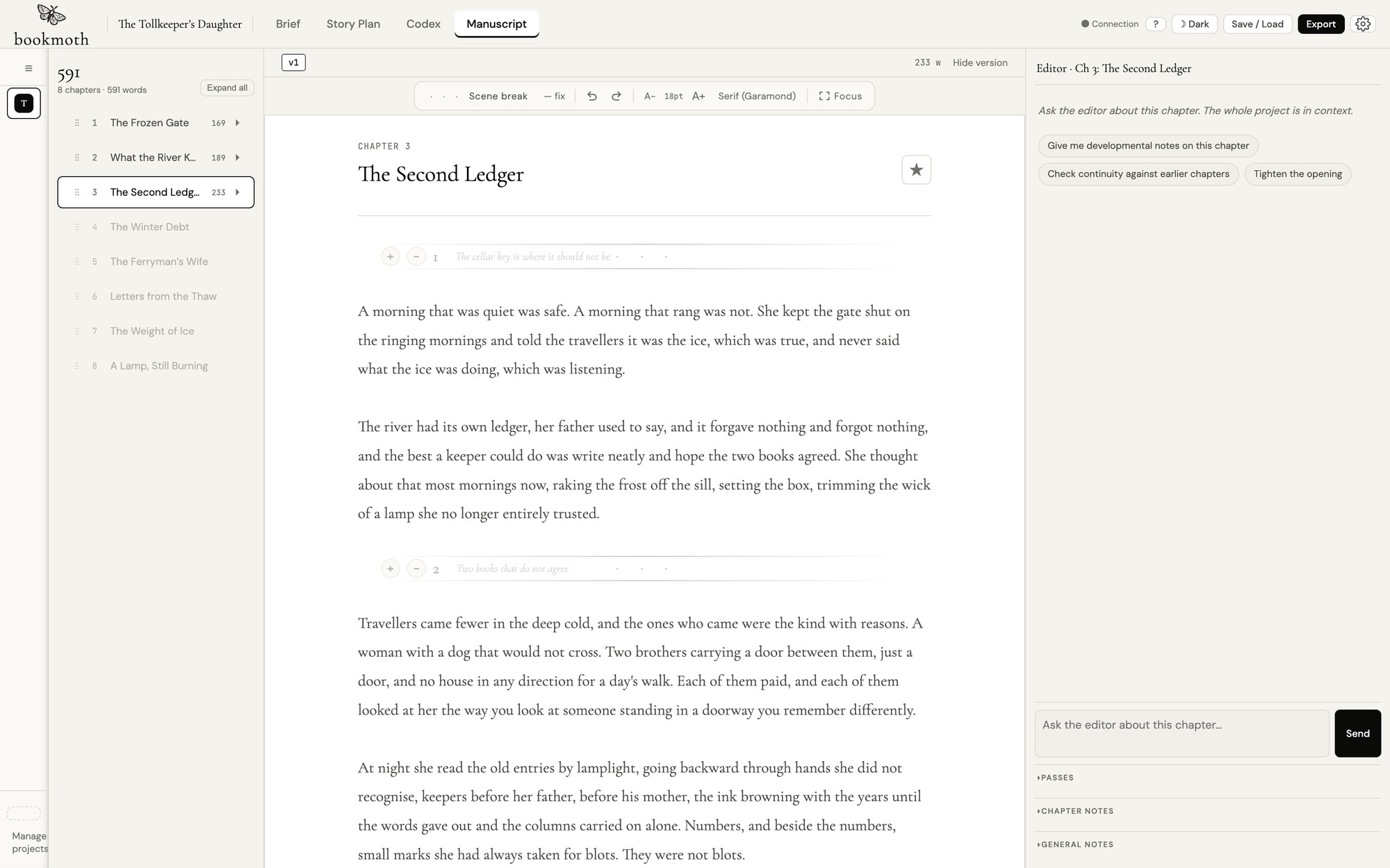 The full bookmoth application with the chapter list, manuscript and contextual editor visible